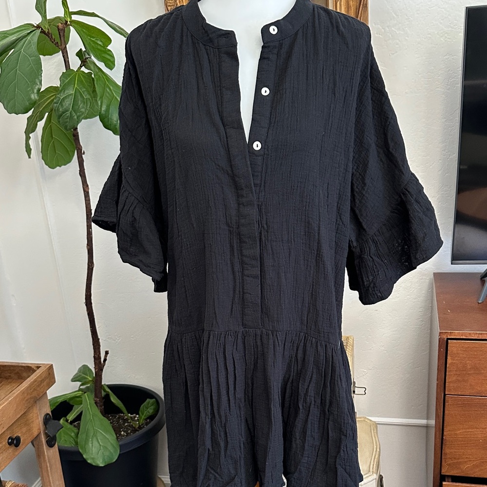 Boho Black cotton gauze Button-Front mini Dress ruffled sleeves